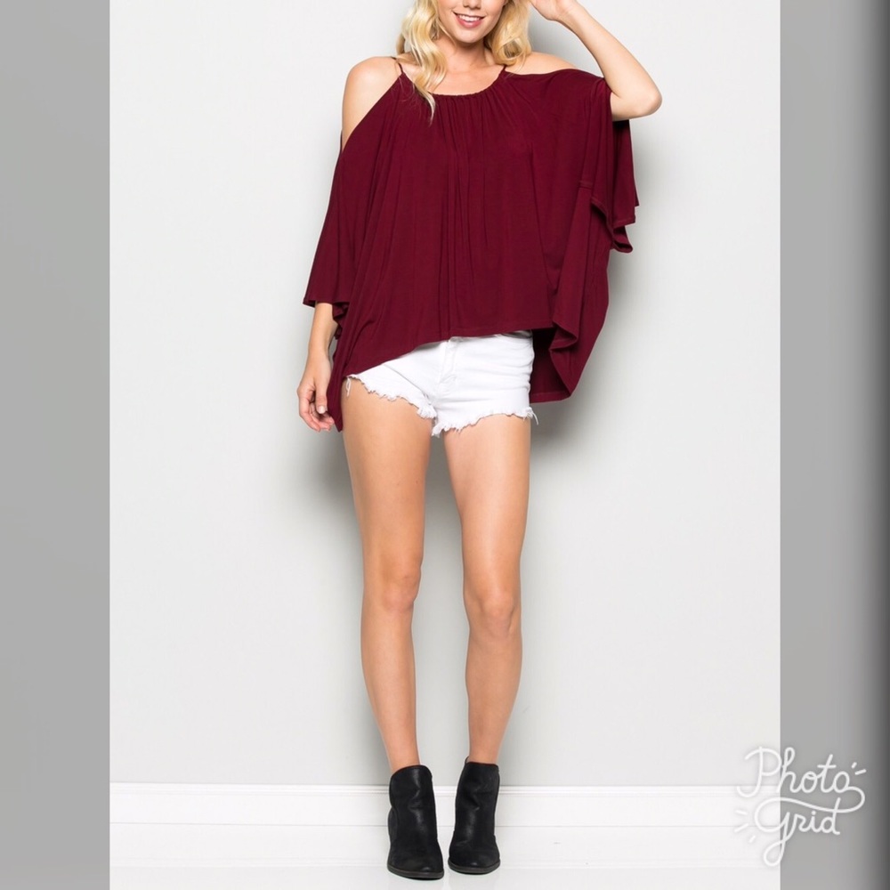 Cold Shoulder Gathered Top Merlot - Picture 3 of 6