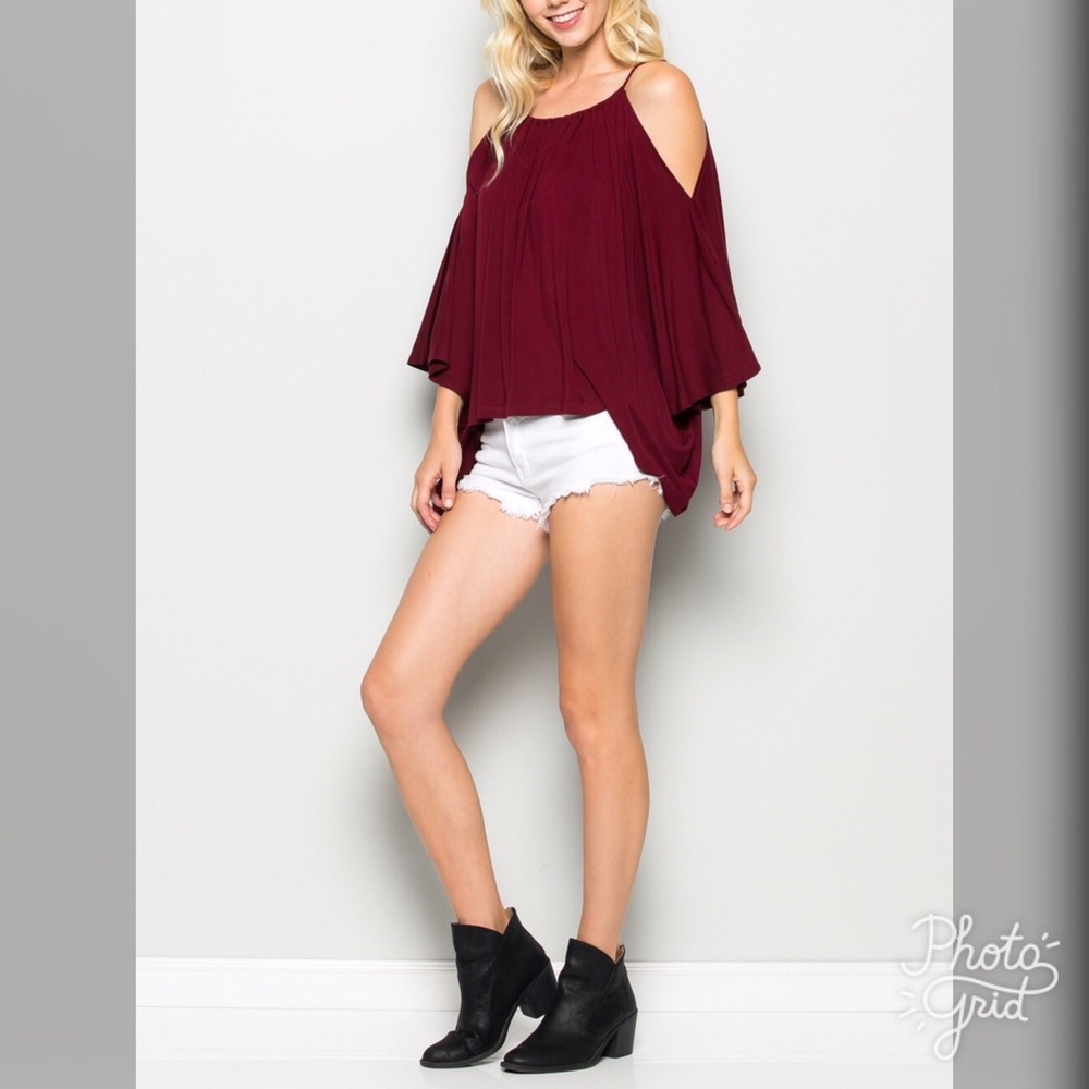 Cold Shoulder Gathered Top Merlot - Picture 5 of 6