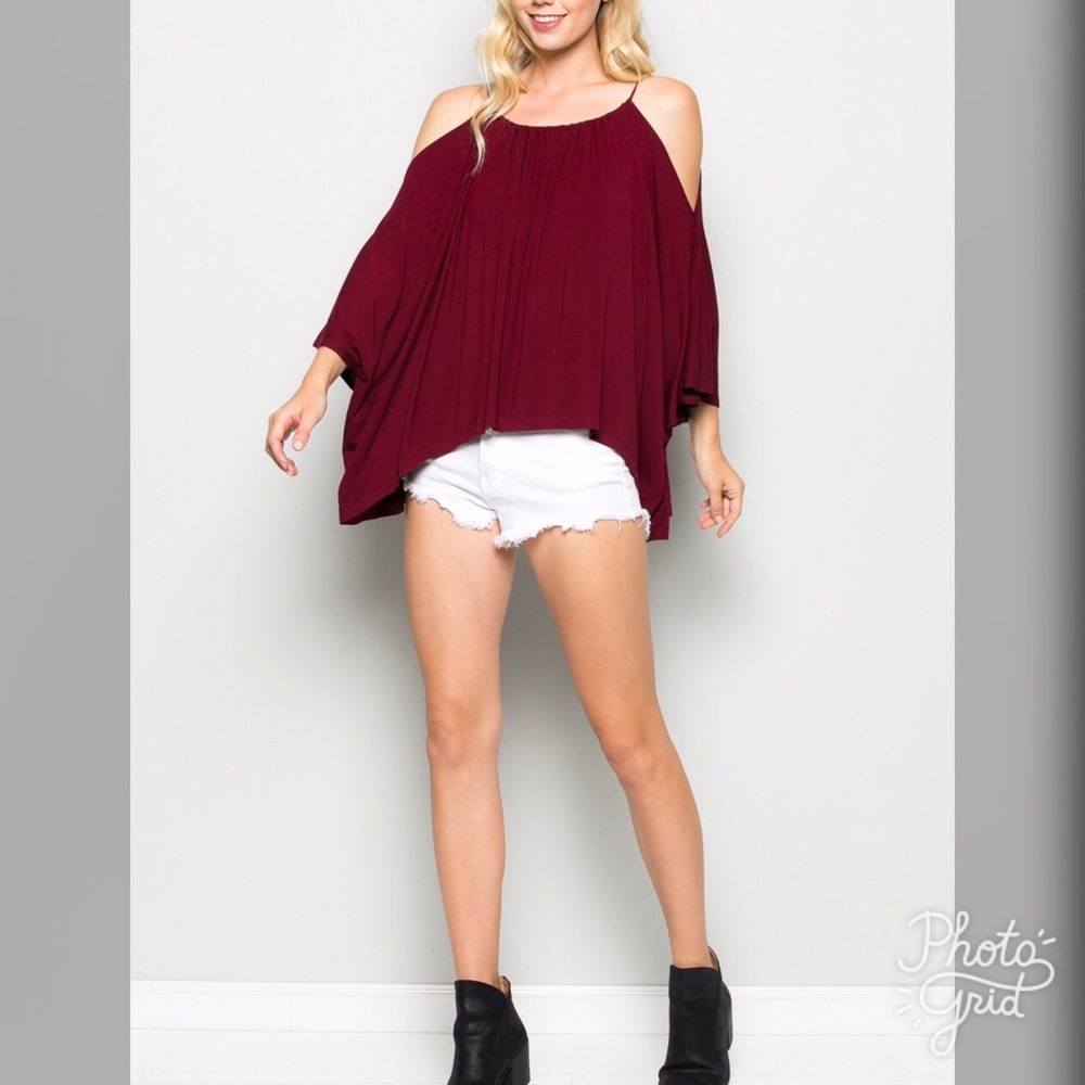 Cold Shoulder Gathered Top Merlot - Picture 6 of 6