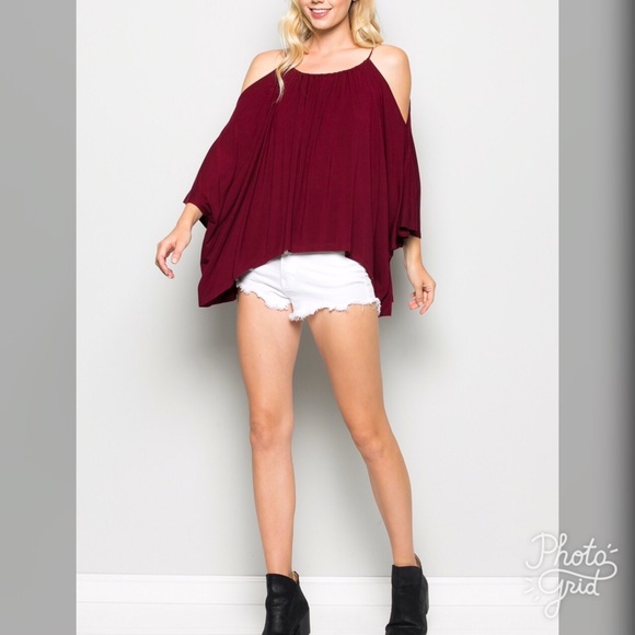 Cold Shoulder Gathered Top Merlot - Picture 6 of 6