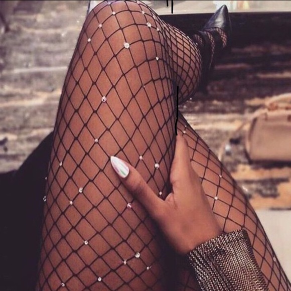 Sparkly Rhinestone Fishnet Stockings Black NIP OS - Picture 2 of 8