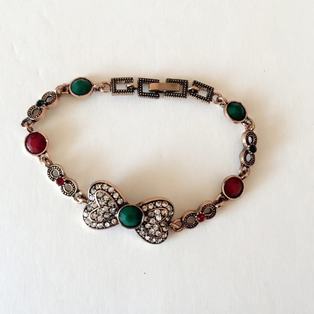 #A77 Antique Style Red & Green Bow Bracelet