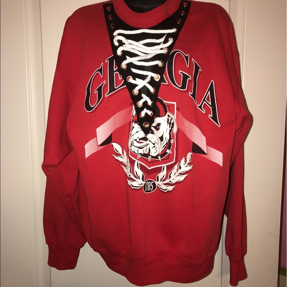 UGA Boyfriend Deep V Neck Lace Up Sweatshirt