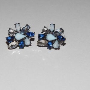 Vintage Blue White & Clear Rhinestones Earrings