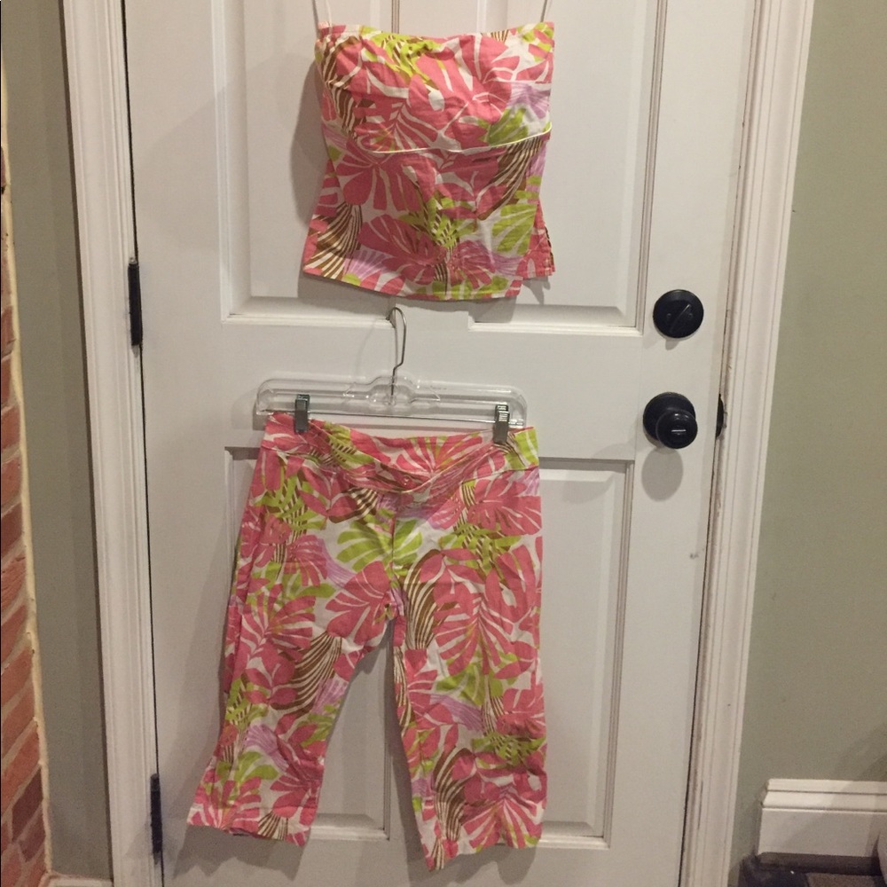 SYKO 2 piece floral palm crop set pink green XS