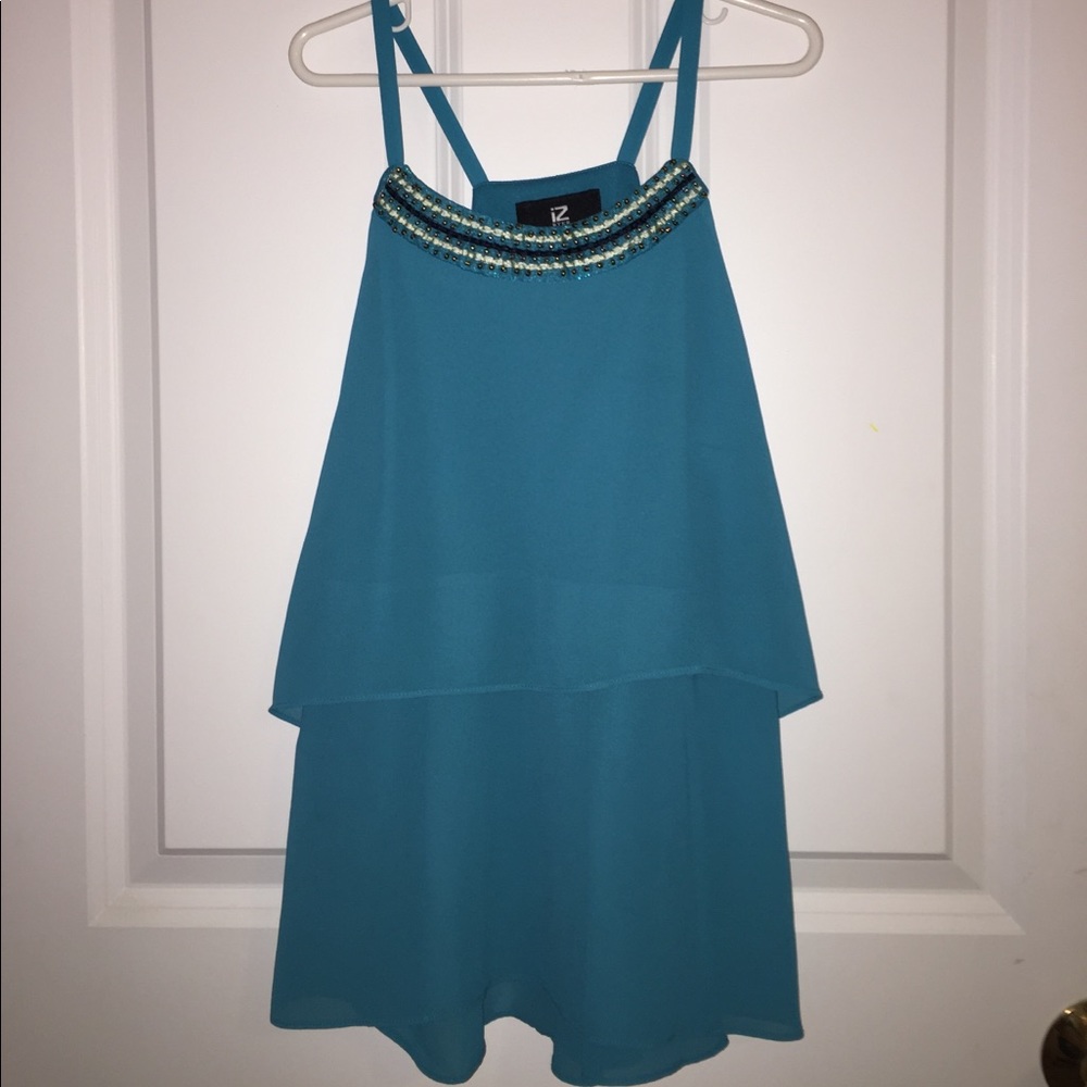 Blue beaded halter tank top