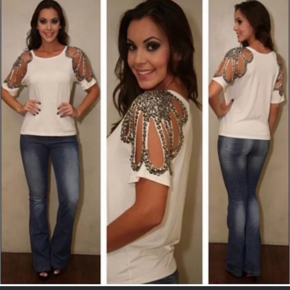 White chiffon cutout sleeve top- Fits like a SMALL