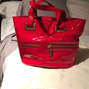 MK red patent leather bucket bag