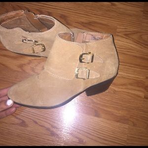 Tan buckled booties