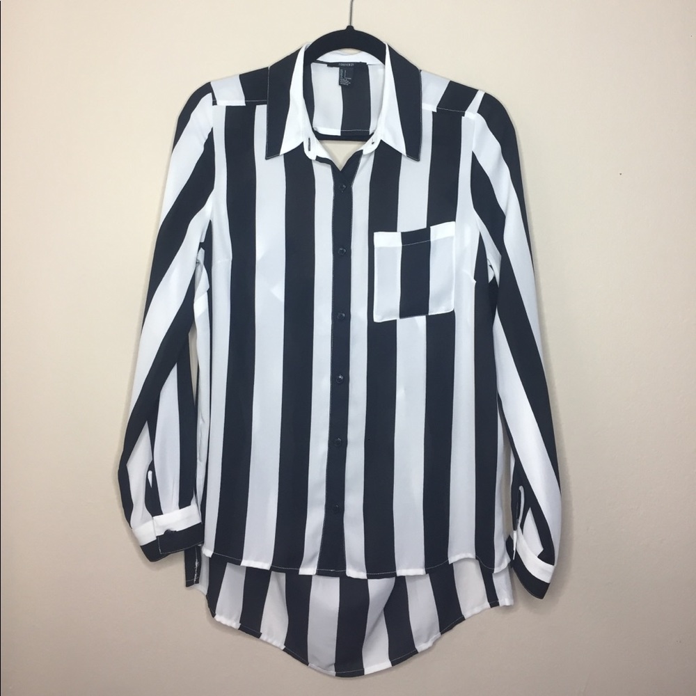 Black and white striped open back button up blouse