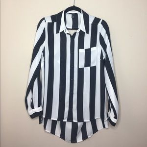 Black and white striped open back button up blouse
