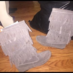 Grey women's fringe boots