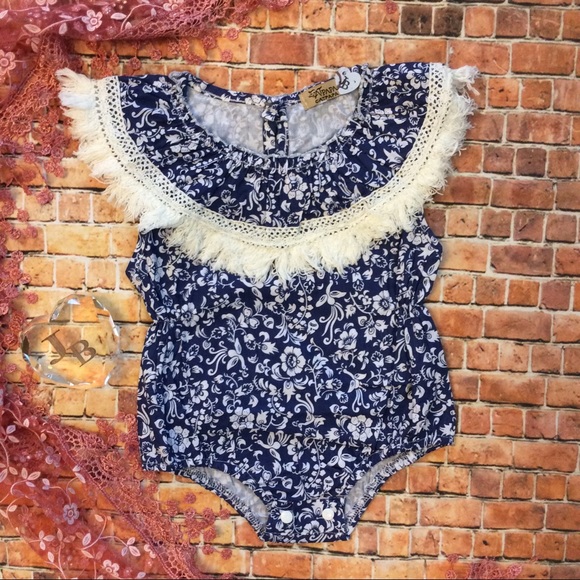 Baby Girl Boho Fringe & China Blue Floral Romper - Picture 2 of 3