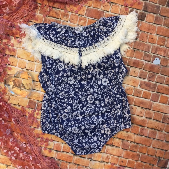 Baby Girl Boho Fringe & China Blue Floral Romper - Picture 3 of 3
