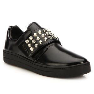PRADA Black Spazzolato Studded Leather Sneakers