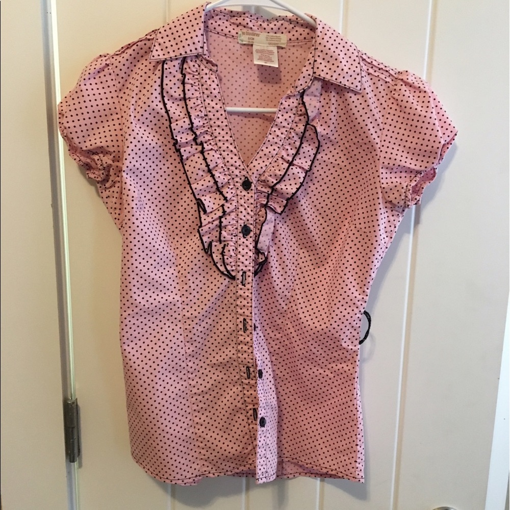 Pink polka dot button up with ruffles & belt loop