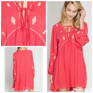Coral Embroidery Dress