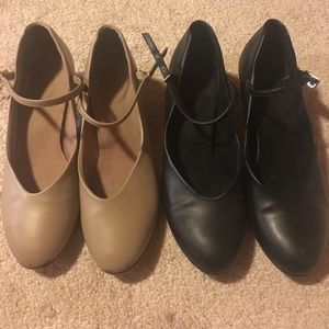 Tan and black heeled dance shoes