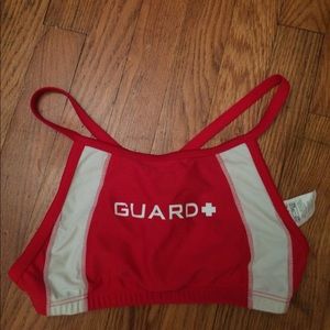 TYR Life Guard swim top red white crosses in back