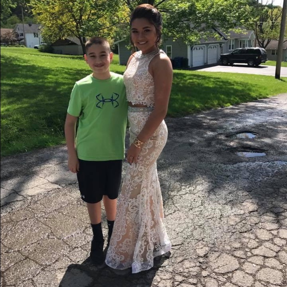 Classy tan and white prom dress