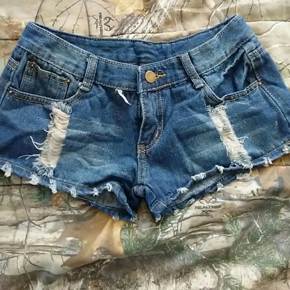 Dark denim factory distressed shorts