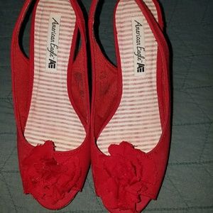 Red fabric wedge slingback sandals, size 8