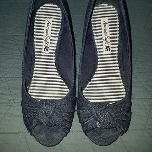 Denim wedge peep toe heels, 8W