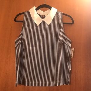 White and navy linear shirt with peter pan collar