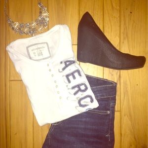 Aeropostale White Stretch Shirt with Blue Letters