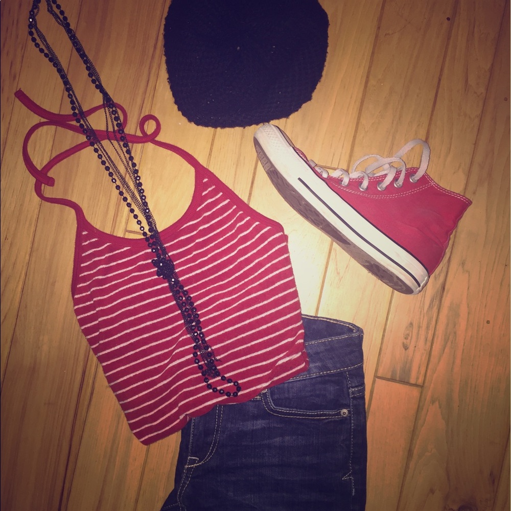 Old Navy Red and White Striped Crop Top Spaghetti