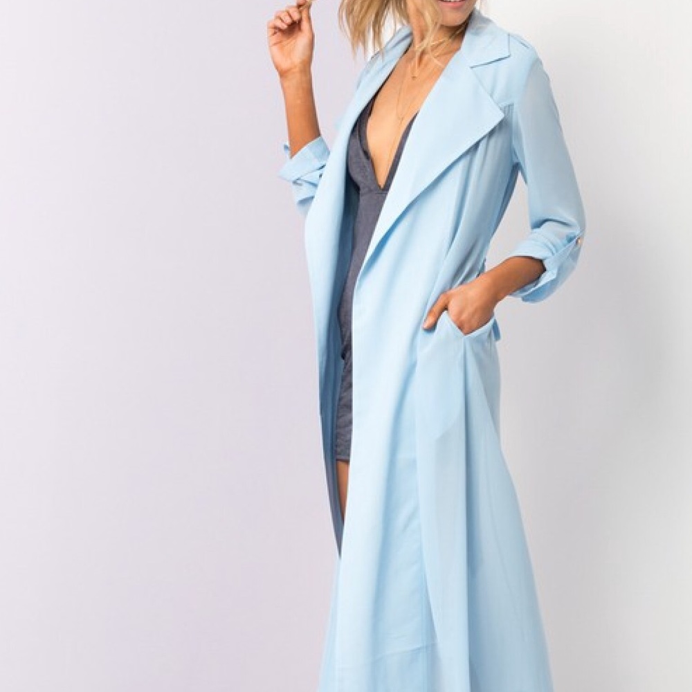🆕Baby Blue Belted Chiffon Maxi Duster Trench Coat - Picture 2 of 3