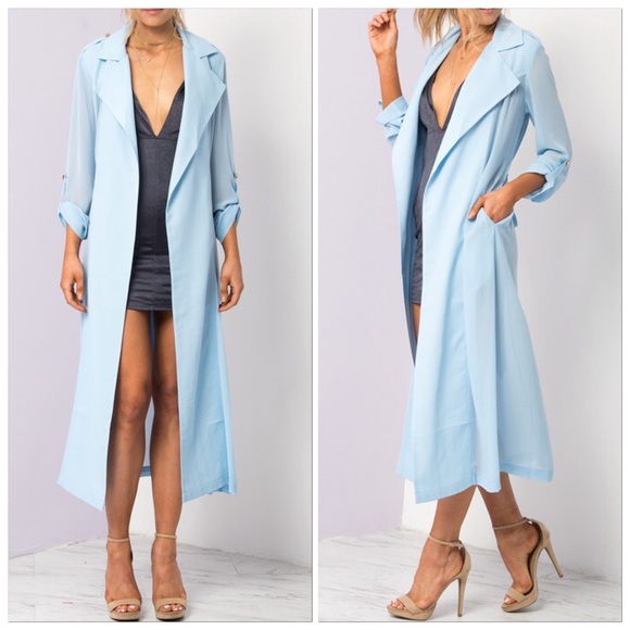 🆕Baby Blue Belted Chiffon Maxi Duster Trench Coat - Picture 3 of 3