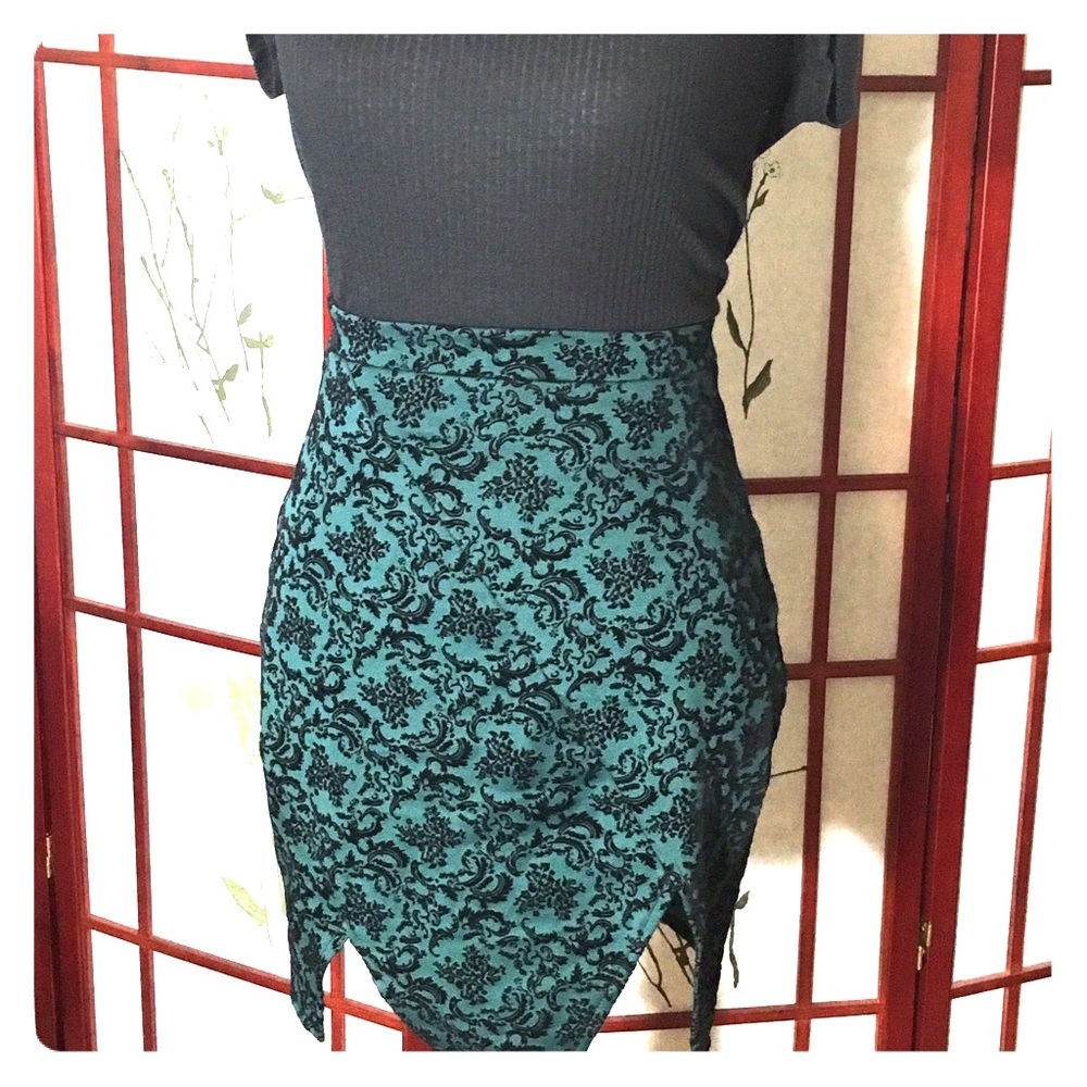 Teal Skirt Midi Mini Velvet Flower Club Cute