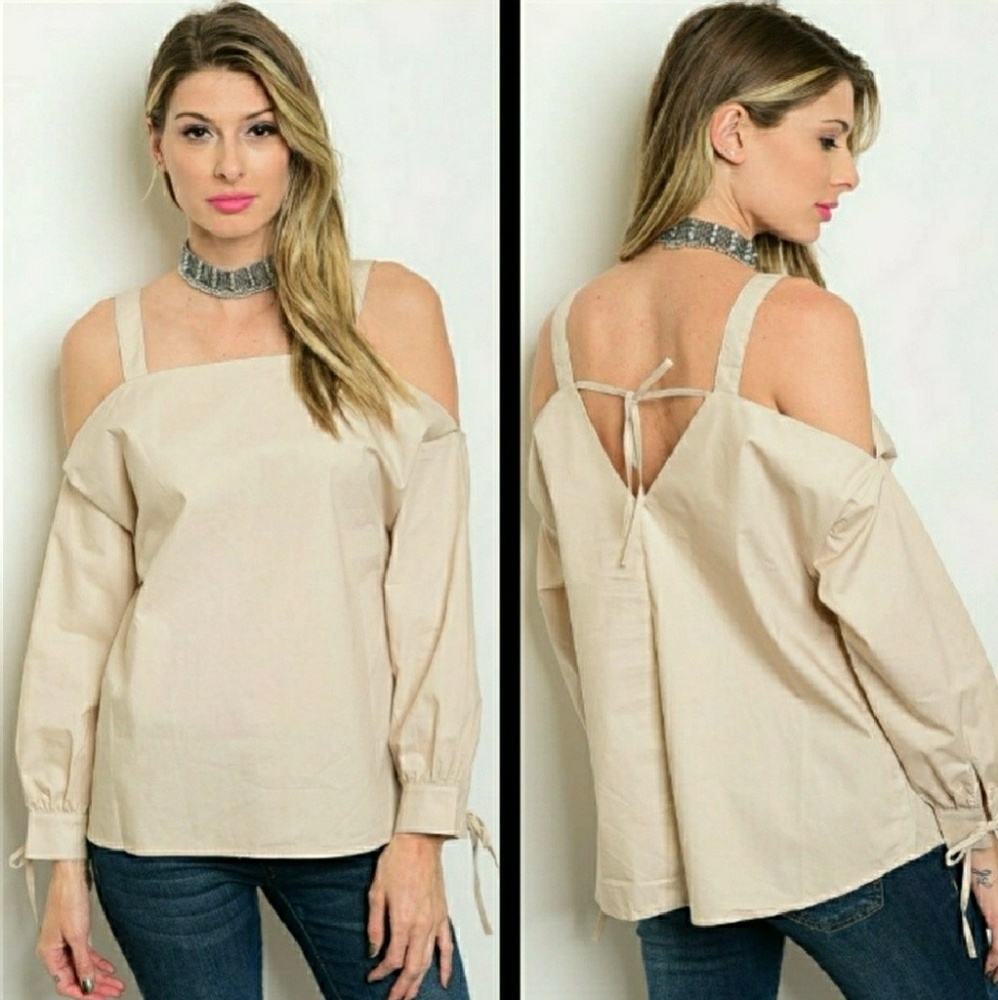 3PACK COLD SHOULDER TAUPE POPLIN TOP