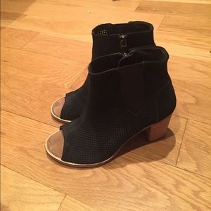Black suede perforated peep toe booties