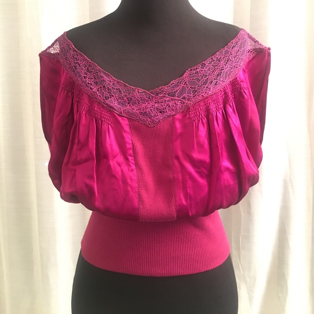 Catherine Malandrino Lace Trim Silk Fuscia Top