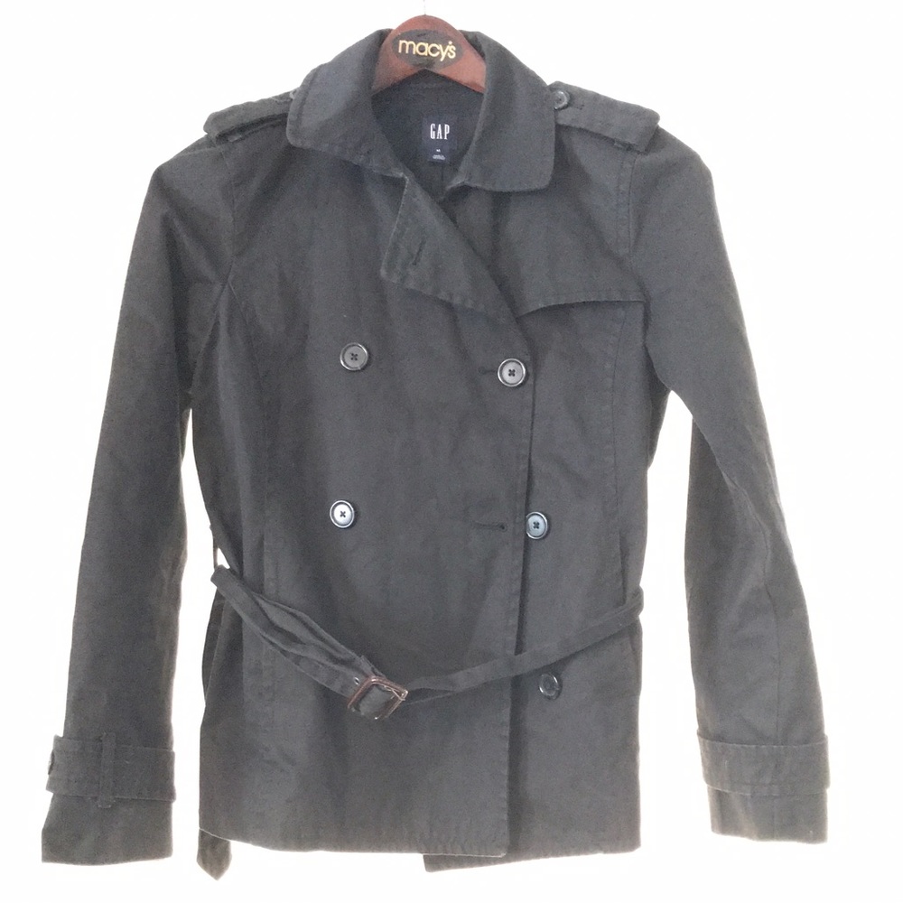 Black trench jacket.