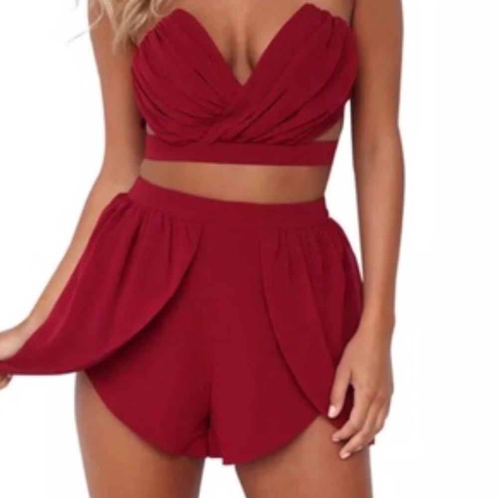 Red strapless bustier 2-piece waist short set - Picture 4 of 4