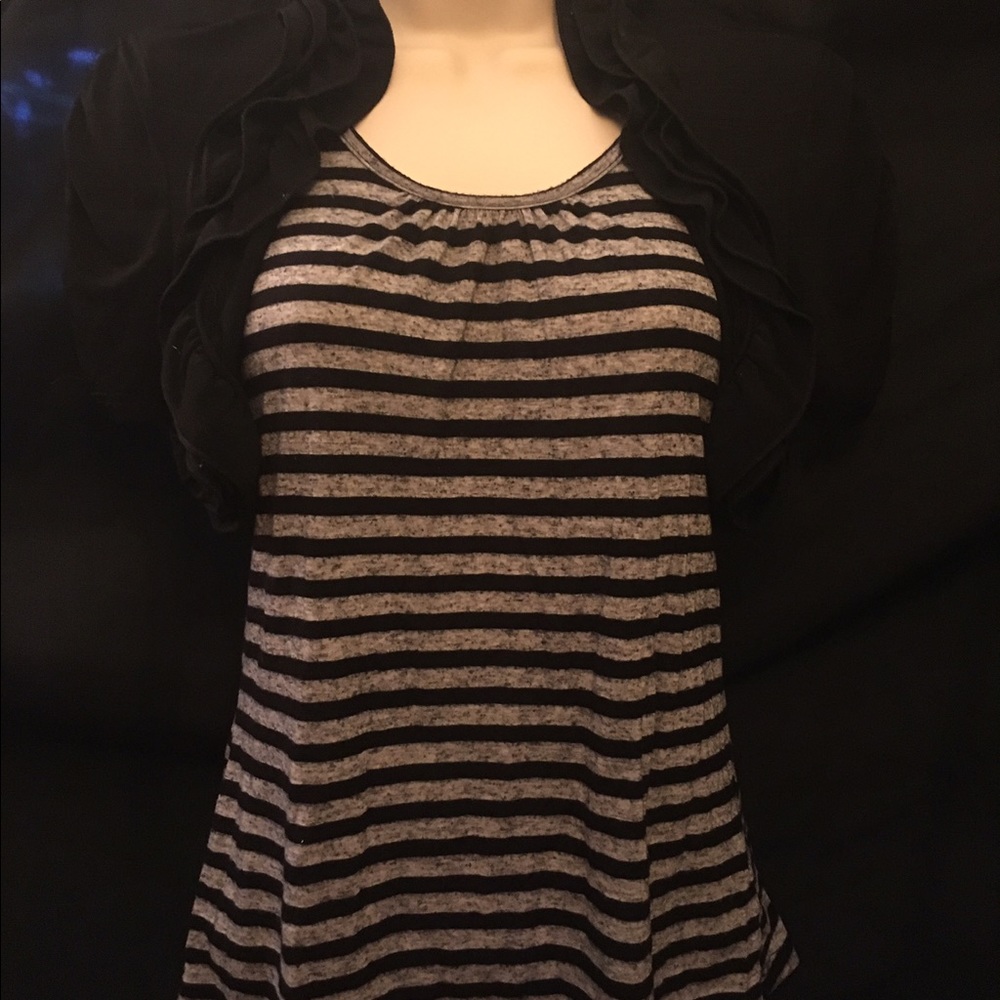Striped Gray/Black Top w/ Attached Ruffled Shrug
