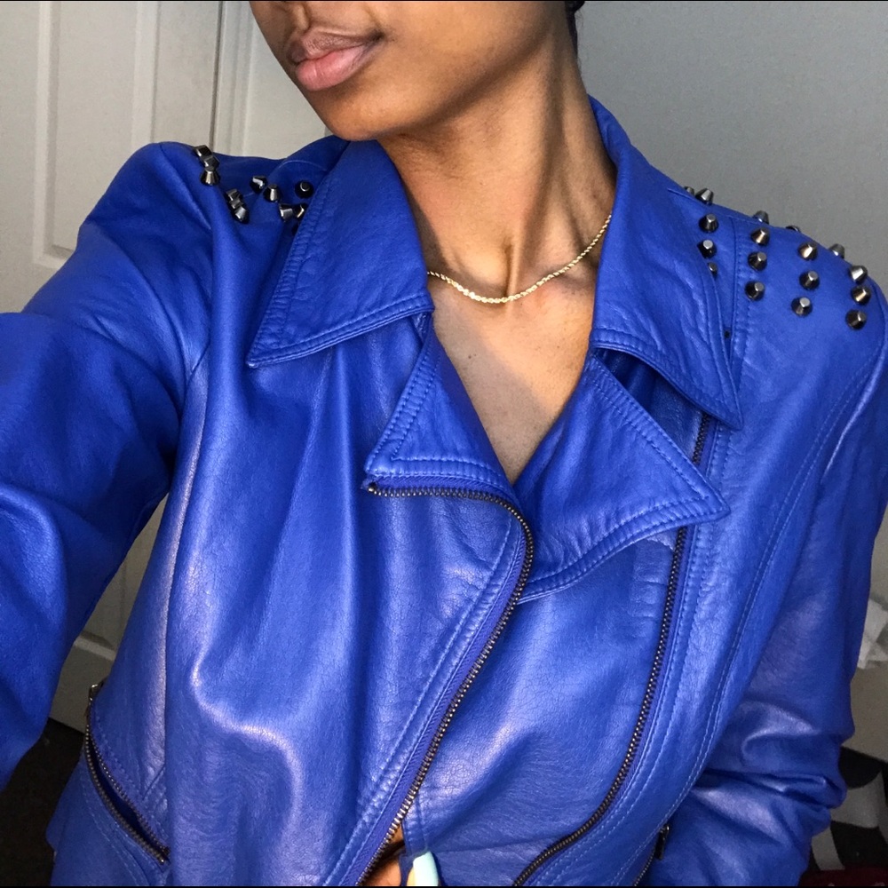 Electric blue faux leather biker jacket