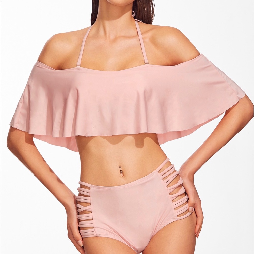 Crisscross side flounce halter bikini set