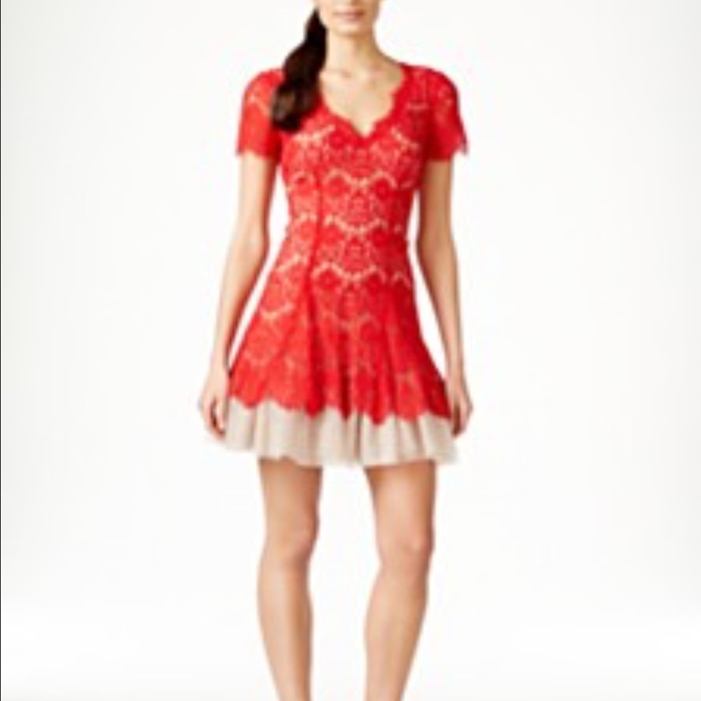 Gorgeous red lace and nude tool dress.