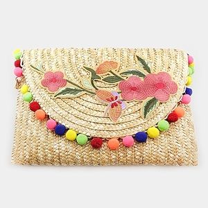 Embroidered Flower Pom Pom Straw Clutch Bag Embroidered Flower Pom Pom Straw Clutch Bag
