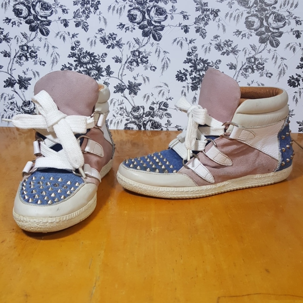 Sandro High Top Leather and Jean Studded Sneakers