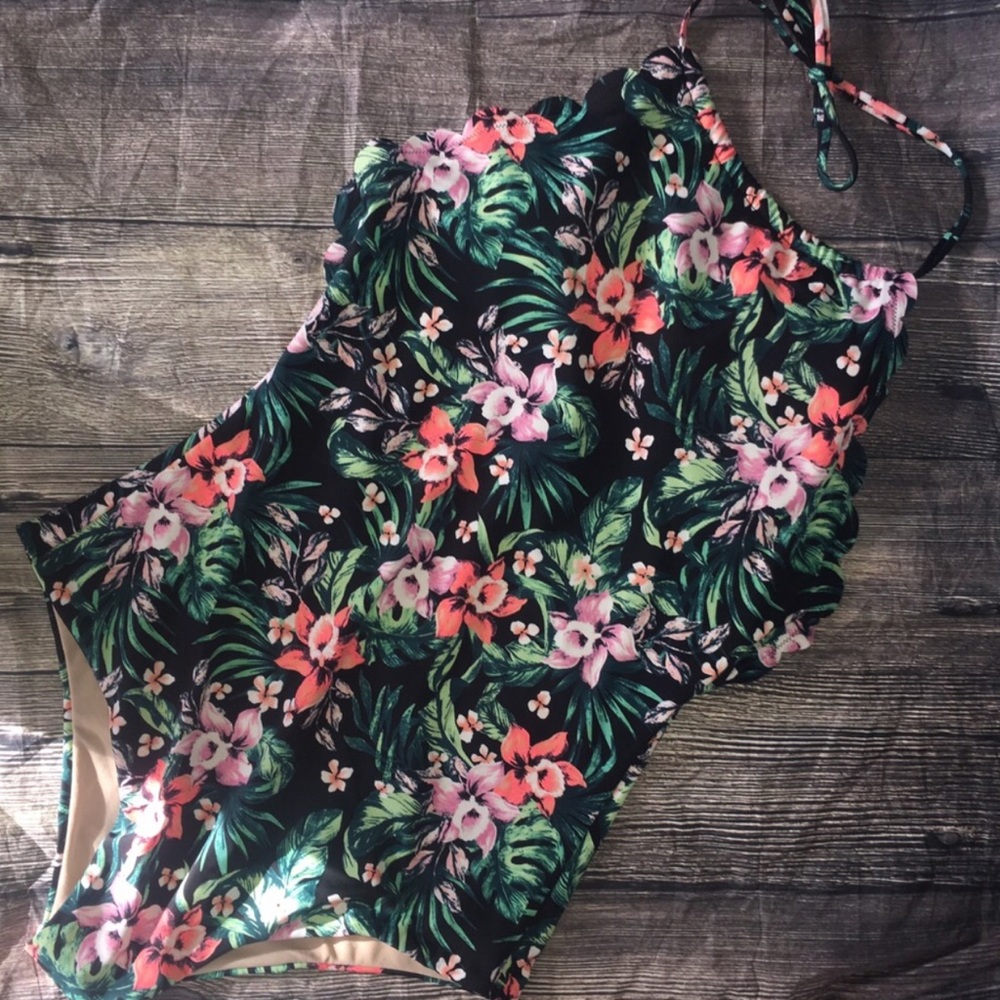 Floral Scalloped High Neck One Piece Swimsuit