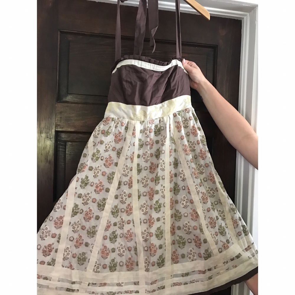 Anthropologie brown and cream halter dress.