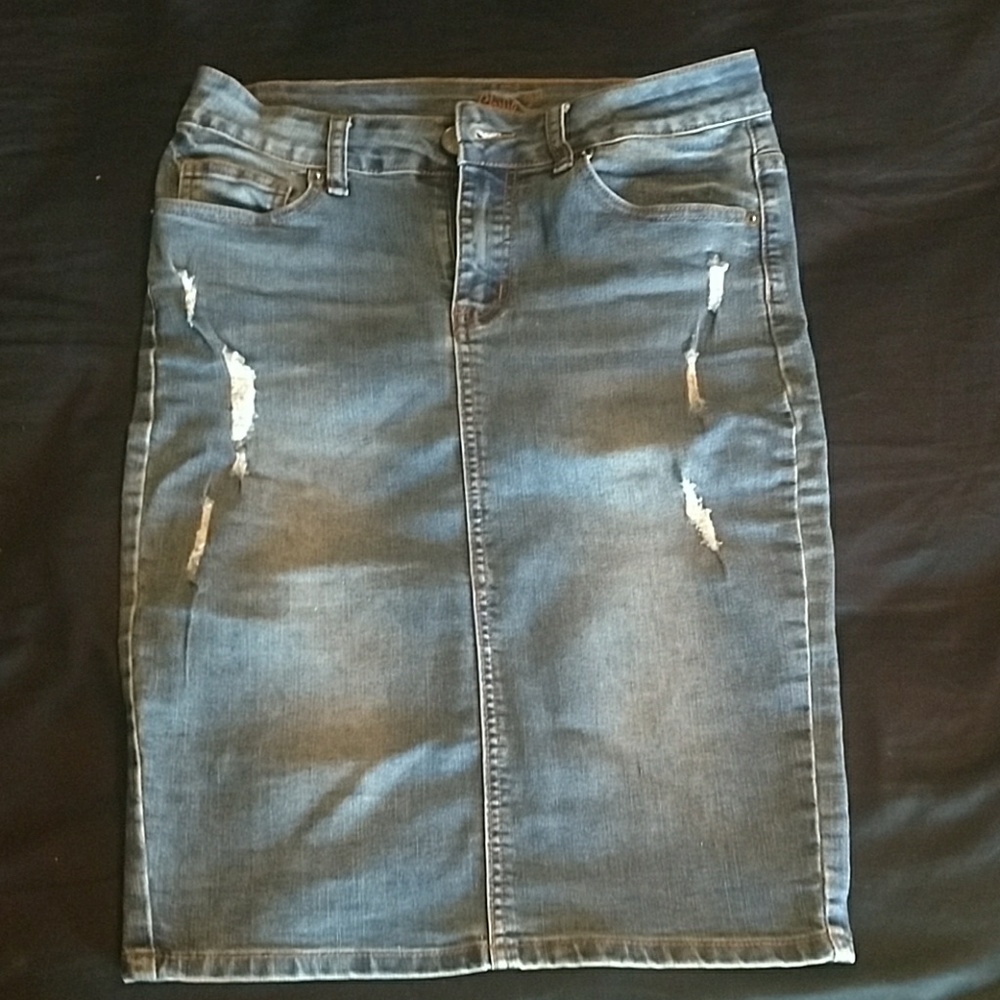 Distressed denim pencil skirt
