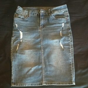 Distressed denim pencil skirt