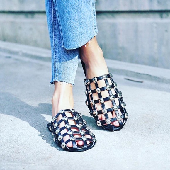 🆕Brooklyn Black & Silver Studded Caged Mules - Picture 1 of 8