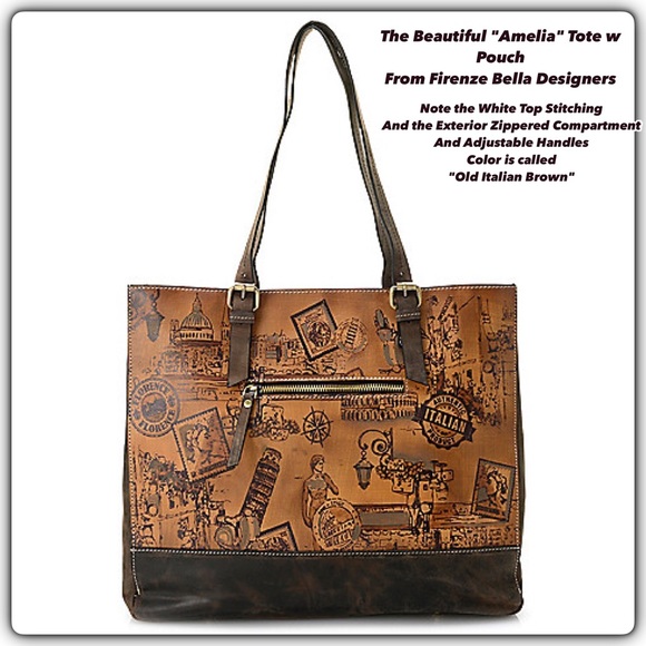 🆕 Firenze Bella"Amelia"Printed Leather Tote+Pouch - Picture 3 of 8